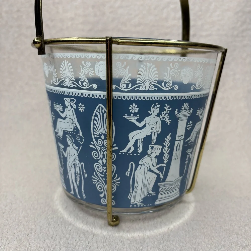 Vintage Jeanette Blue and White Wedgwood-Style Glass Ice Bucket with Brass Frame